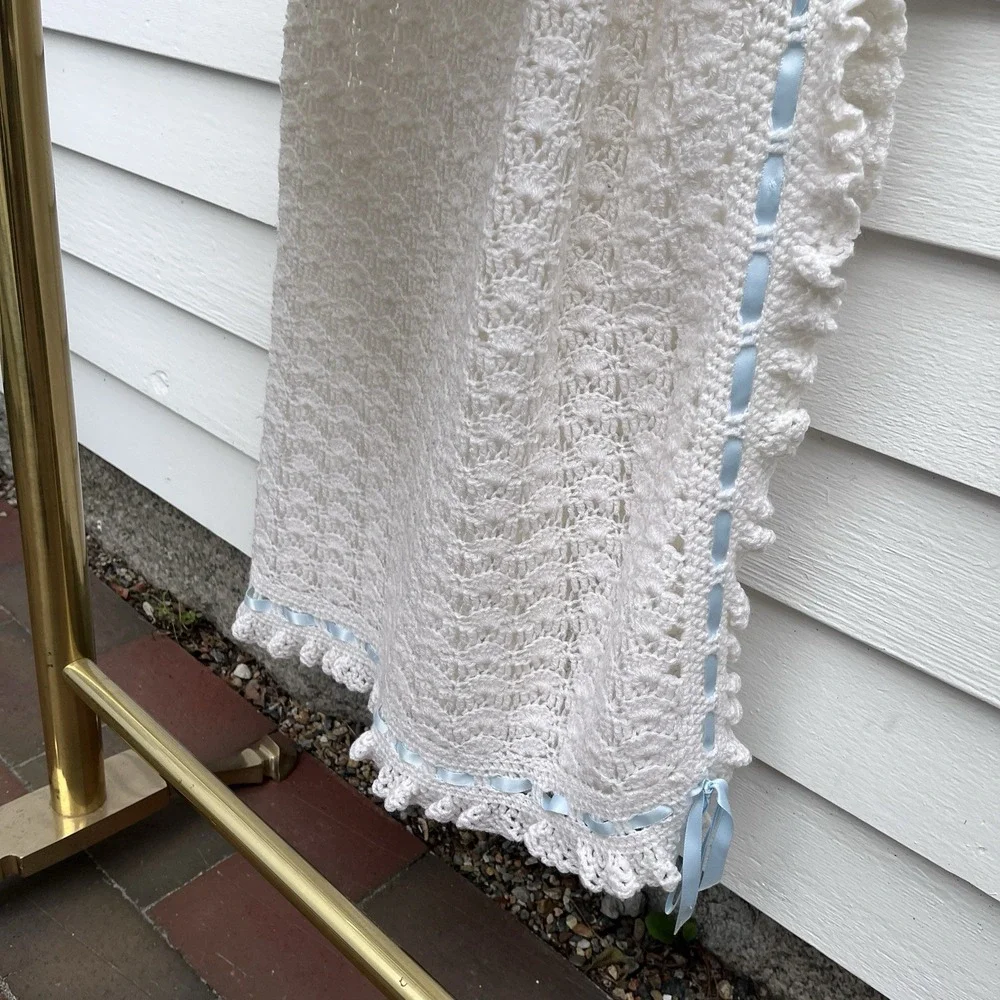 Baby Crochet White Beautiful Blanket With Blue Satin Ribbon Trim, Unused 42